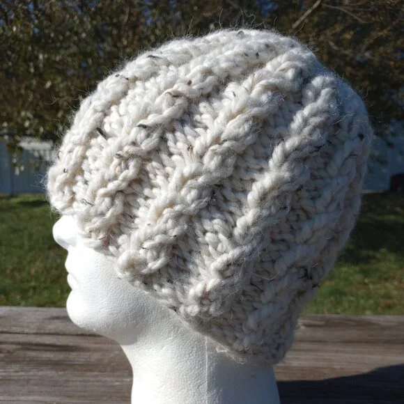 Alpaca Beanie Skully Hat Men Thick Chunky Hand Knit Wool Rib Biscotti White M-L - Picture 2 of 9